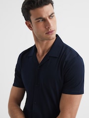 Reiss Navy Caspa Mercerised 100% Cotton Jersey Cuban Collar Shirt - Image 4 of 6