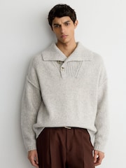 Reiss Soft Grey Marl Parch Wool-Blend Half-Button Collared Jumper - Image 1 of 6