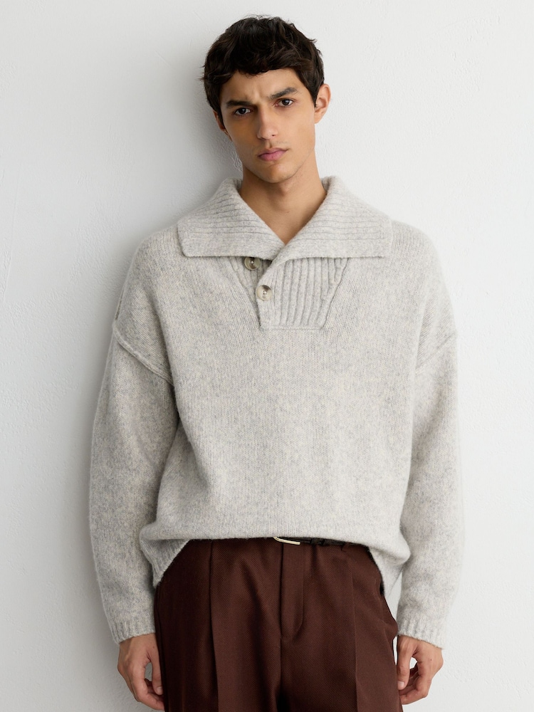 Reiss Soft Grey Marl Parch Wool-Blend Half-Button Collared Jumper - Image 1 of 6 Reiss Soft Grey Marl Parch Wool-Blend Half-Button Collared Jumper - Image 1 of 6