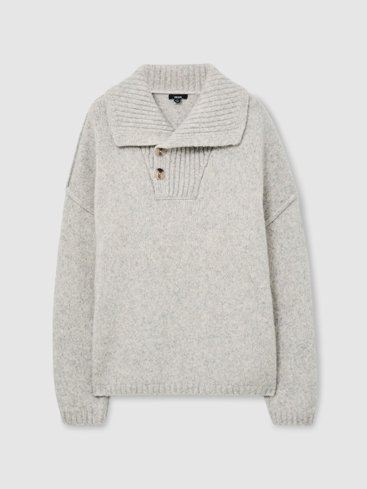 Reiss Soft Grey Marl Parch Wool-Blend Half-Button Collared Jumper - Image 2 of 6 Reiss Soft Grey Marl Parch Wool-Blend Half-Button Collared Jumper - Image 2 of 6