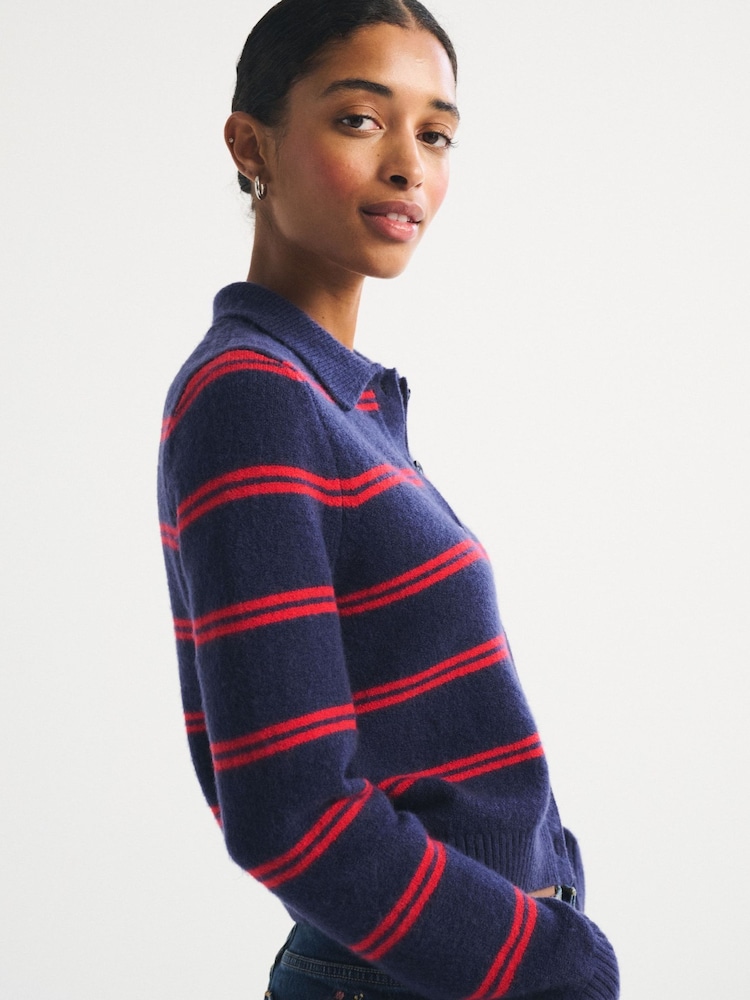 Abercrombie & Fitch Navy Stripe Collared Cardigan - Image 2 of 4