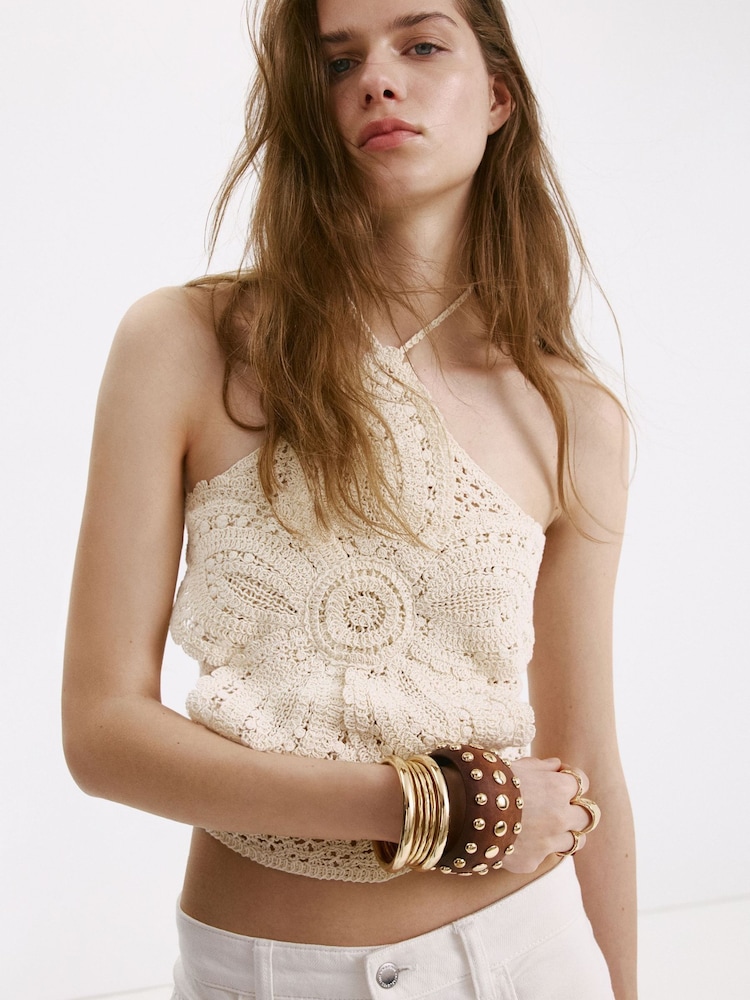 Mango Cream Crochet Halterneck Top - Image 1 of 7