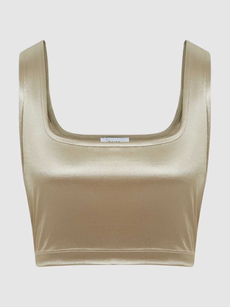 Reiss Gold Zuri Metallic Square Neck Crop Top - Image 2 of 7