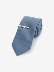 Blue Slim Textured Tie And Clip Set - Image 1 of 3