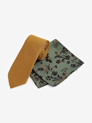 Yellow Gold/Green Floral Slim Tie And Pocket Square Set - Image 1 of 4
