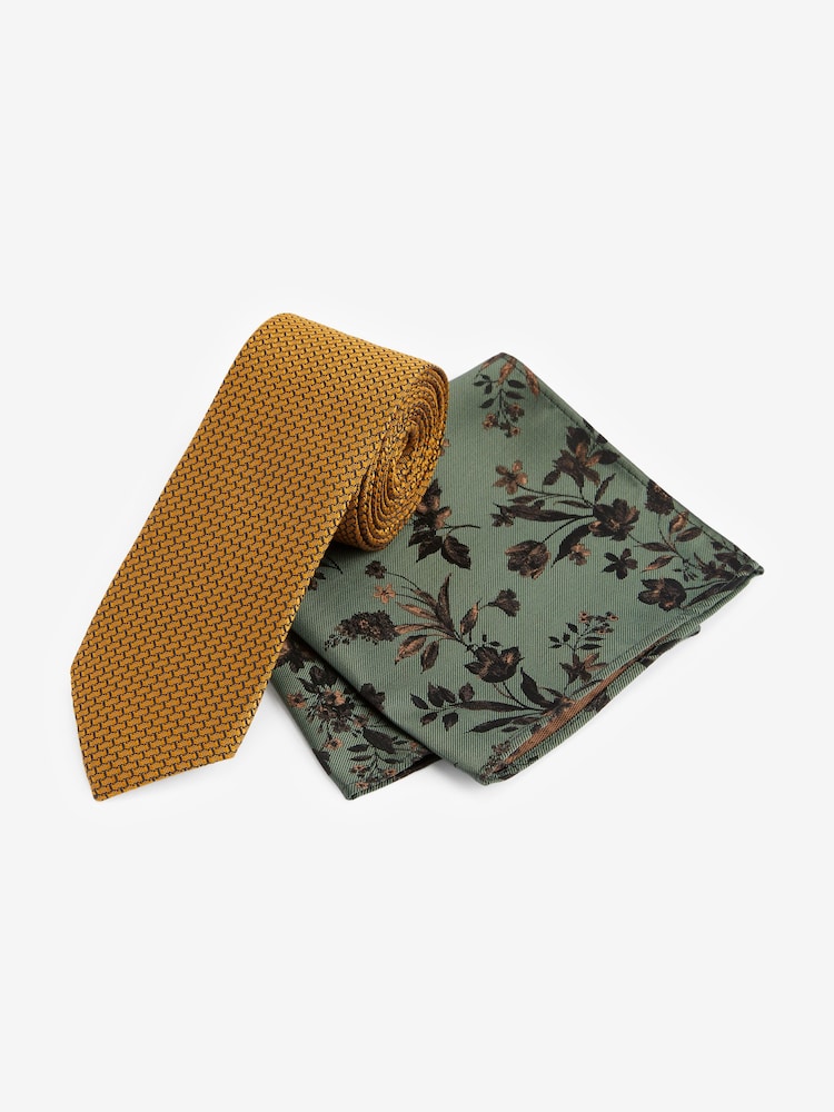 Yellow Gold/Green Floral Slim Tie And Pocket Square Set - Image 1 of 4