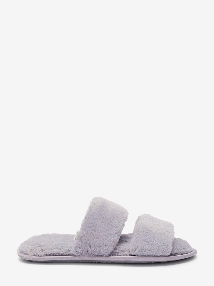 Grey Recycled Faux Fur Two Band Slider Slippers - Image 1 of 4