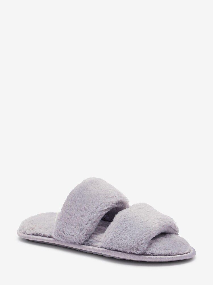 Grey Recycled Faux Fur Two Band Slider Slippers - Image 2 of 4