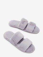 Grey Recycled Faux Fur Two Band Slider Slippers - Image 3 of 4