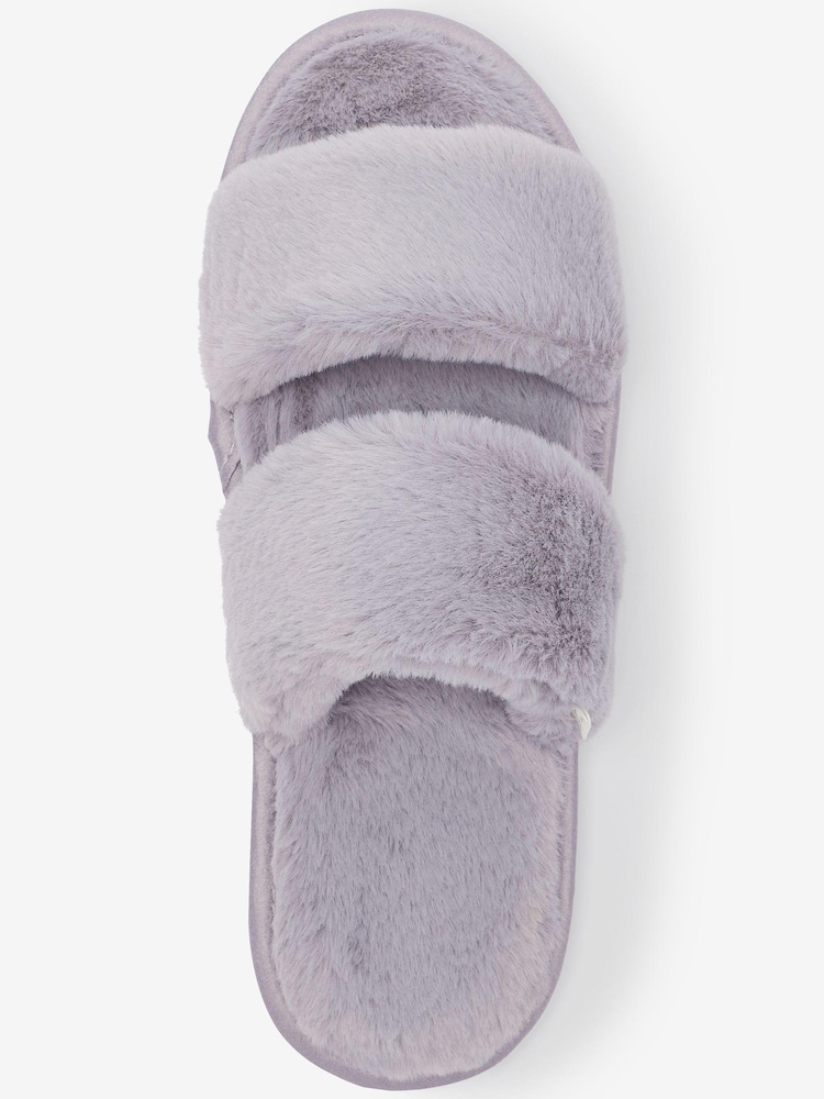 Grey Recycled Faux Fur Two Band Slider Slippers - Image 4 of 4