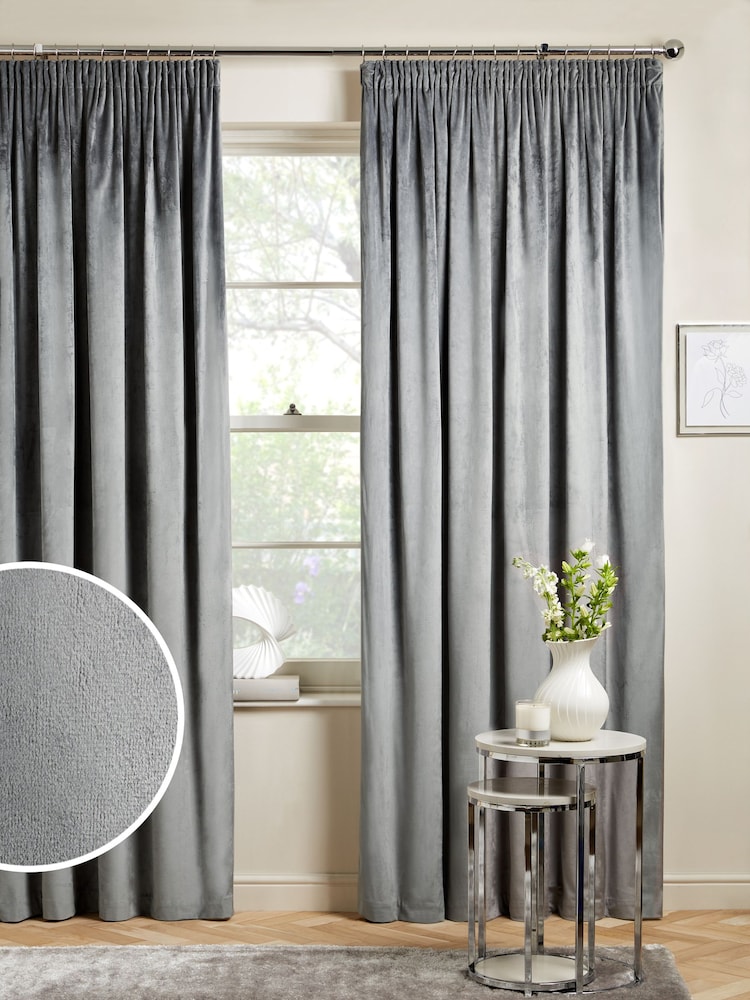 Grey Charcoal Matte Velvet Pencil Pleat Blackout/Thermal Curtains - Image 1 of 7