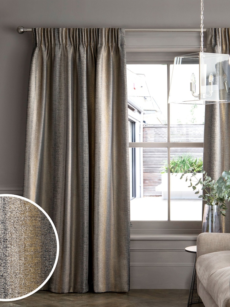 Black/Bronze Metallic Stripe Pencil Pleat Lined Curtains - Image 2 of 4 Black/Bronze Metallic Stripe Pencil Pleat Lined Curtains - Image 2 of 4