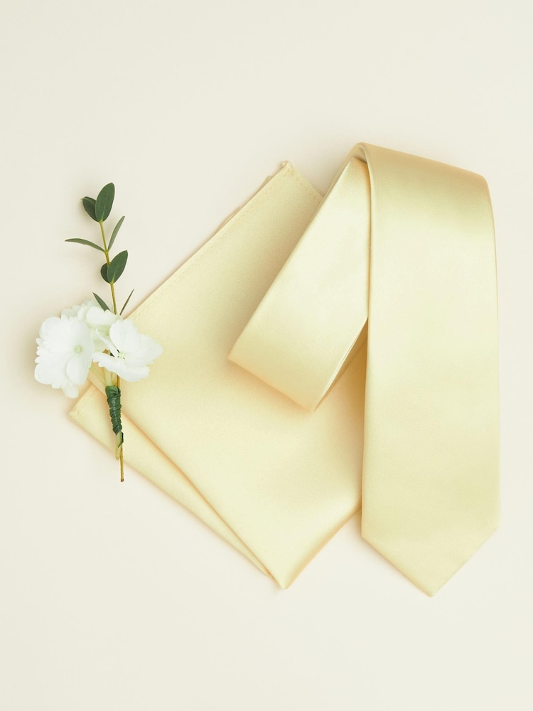 Yellow Slim Silk Wedding Tie And Pocket Square Set - Image 2 of 2