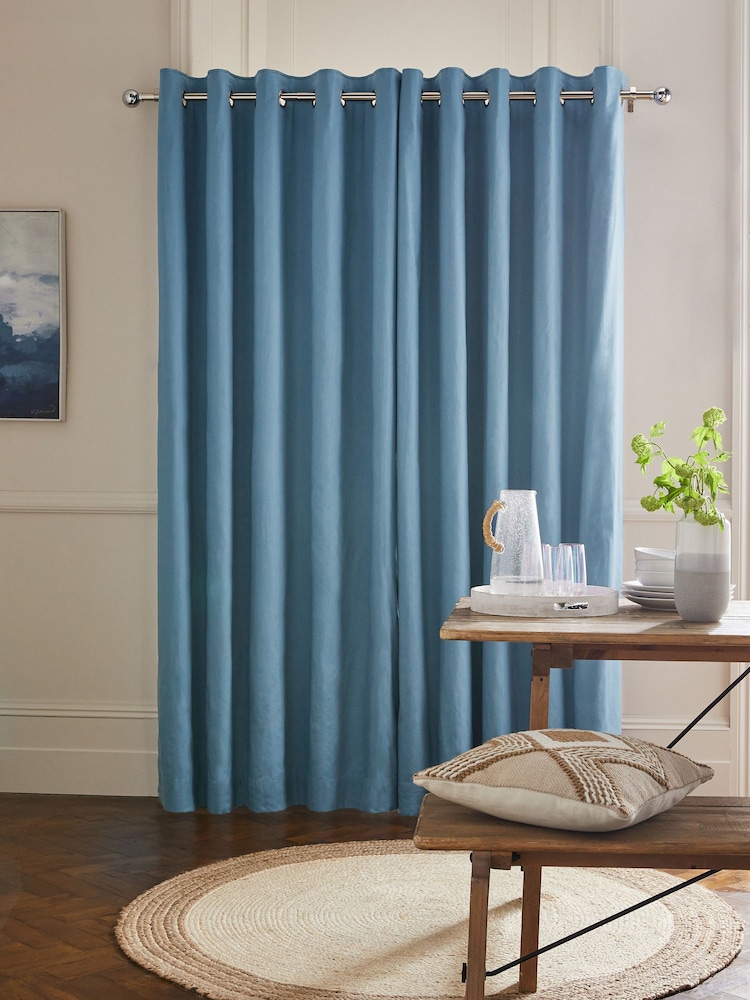 Blue Mid Blackout/Thermal Cotton Eyelet Curtains - Image 3 of 7