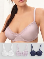 Navy Blue/Lilac Purple/White DD+ Non Pad Microfibre & Lace Trim Balcony Bras 3 Pack - Image 1 of 8