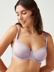 Navy Blue/Lilac Purple/White DD+ Non Pad Microfibre & Lace Trim Balcony Bras 3 Pack - Image 2 of 8