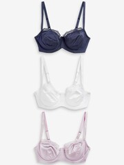 Navy Blue/Lilac Purple/White DD+ Non Pad Microfibre & Lace Trim Balcony Bras 3 Pack - Image 5 of 8