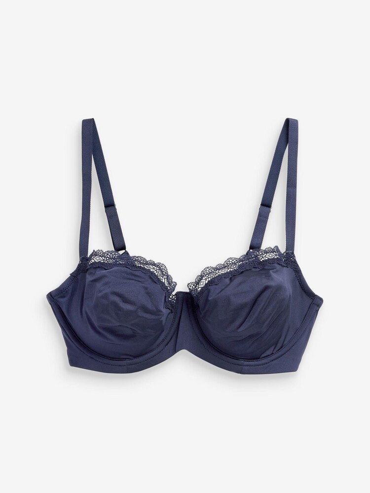 Navy Blue/Lilac Purple/White DD+ Non Pad Microfibre & Lace Trim Balcony Bras 3 Pack - Image 8 of 8