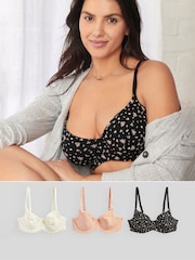Print/Plain DD+ Rib & Cotton Balcony Bras 3 Pack - Image 1 of 5