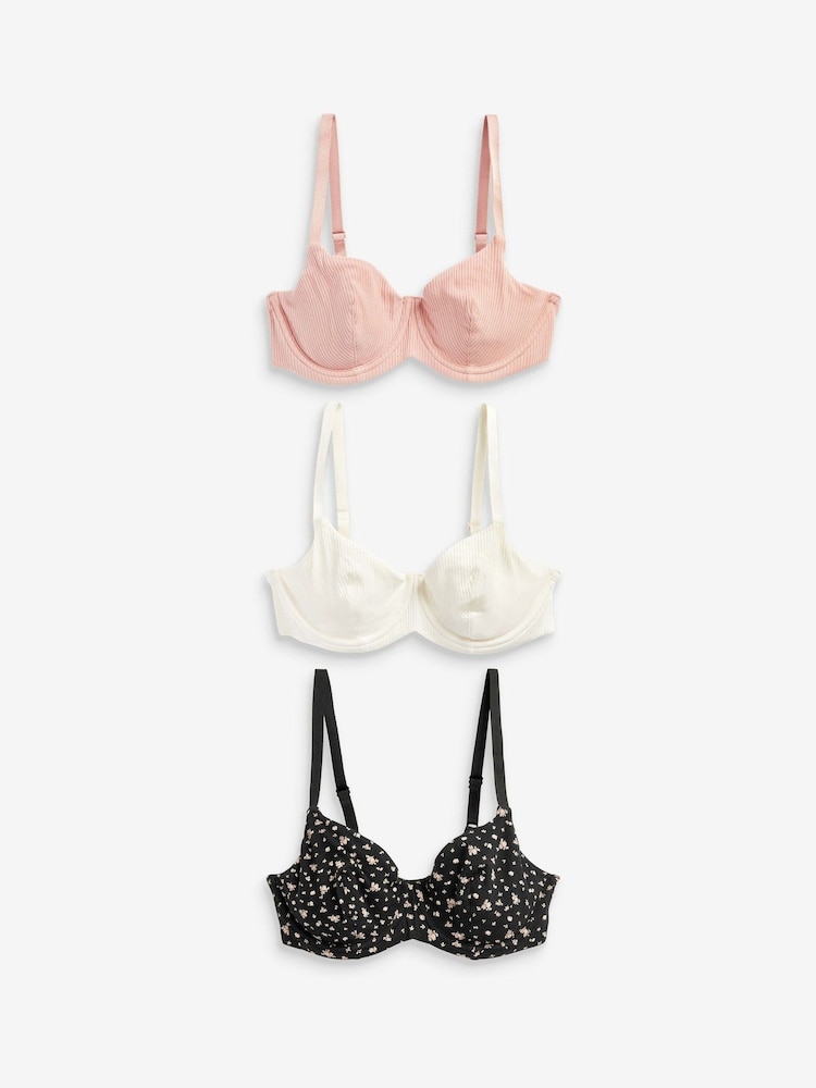 Print/Plain DD+ Rib & Cotton Balcony Bras 3 Pack - Image 2 of 5