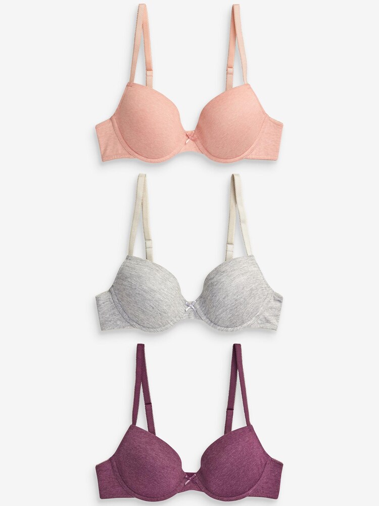Plum Purple/Pink/Grey Marl Pad Plunge Cotton Blend Bras 3 Pack - Image 1 of 4