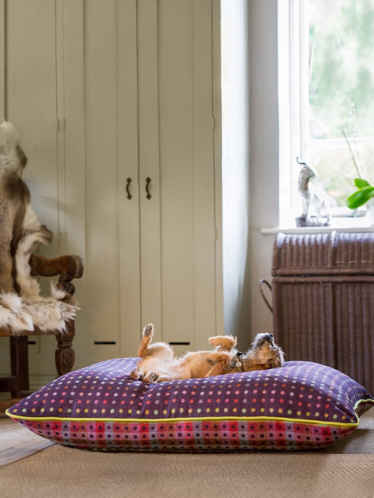 Lounging Hound Purple Pillow Bed in Mulberry Multispot Wool - Image 1 of 4