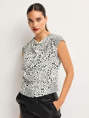 Black/Cream Animal Floral Print Cowl Neck Cap Sleeve Top - Image 1 of 6