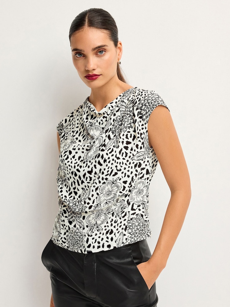 Black/Cream Animal Floral Print Cowl Neck Cap Sleeve Top - Image 1 of 6