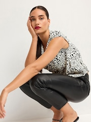 Black/Cream Animal Floral Print Cowl Neck Cap Sleeve Top - Image 3 of 6