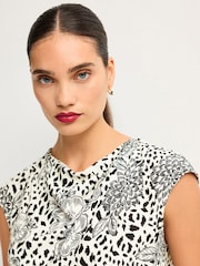 Black/Cream Animal Floral Print Cowl Neck Cap Sleeve Top - Image 4 of 6