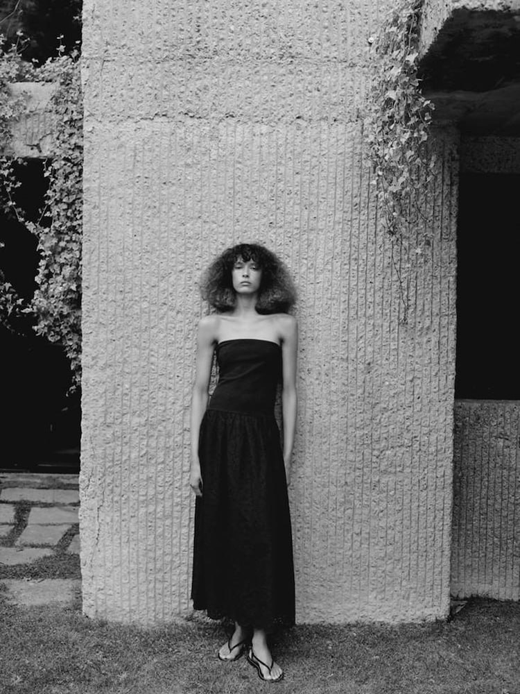 Mango Black Broderie Strapless Maxi Dress - Image 1 of 6 Mango Black Broderie Strapless Maxi Dress - Image 1 of 6