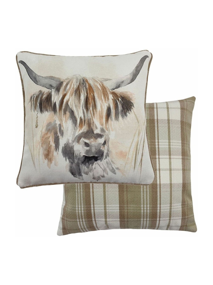 Evans Lichfield Multicolour Watercolour Highland Cow Printed Polyester Filled Cushion - Image 1 of 2
