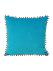 Riva Paoletti Teal Blue/Coral Pink Velvet Pom Pom Polyester Filled Cushion - Image 1 of 2