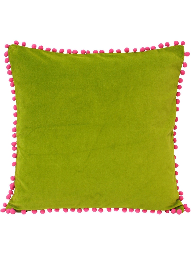 Riva Paoletti Green/Fuchsia Pink Velvet Pom Pom Polyester Filled Cushion - Image 1 of 2 Riva Paoletti Green/Fuchsia Pink Velvet Pom Pom Polyester Filled Cushion - Image 1 of 2