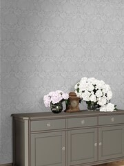 Laura Ashley Pale Slate Peacock Damask 10M Wallpaper - Image 1 of 4