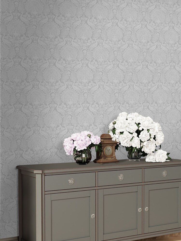 Laura Ashley Pale Slate Peacock Damask 10M Wallpaper - Image 1 of 4