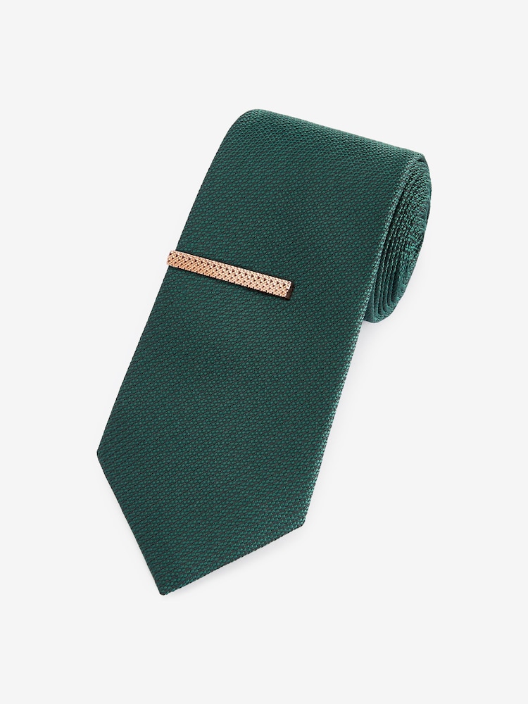 Dark Green Textured Tie And Clip Set - Image 1 of 3