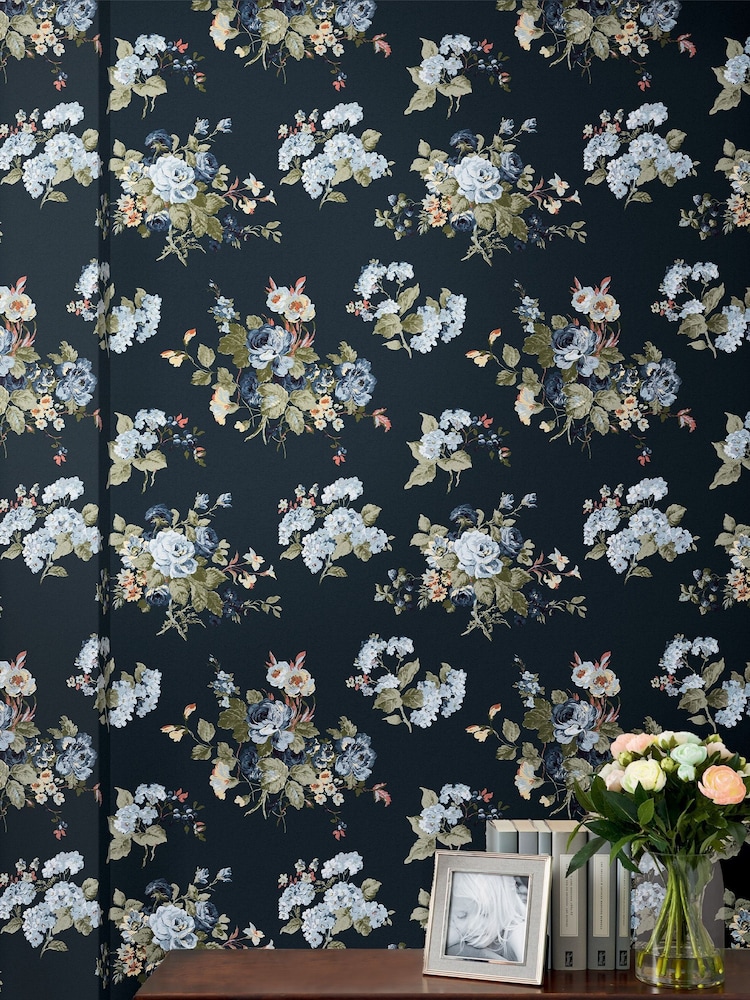 Laura Ashley Midnight Seaspray Rosemore A4 Wallpaper Sample - Image 1 of 2