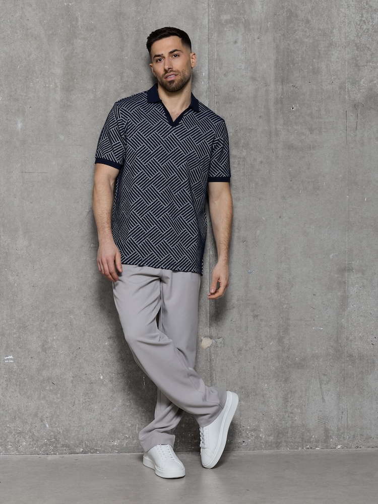 Kem Collection Blue Jacquard Regular Fit Polo Shirt - Image 1 of 4 Kem Collection Blue Jacquard Regular Fit Polo Shirt - Image 1 of 4