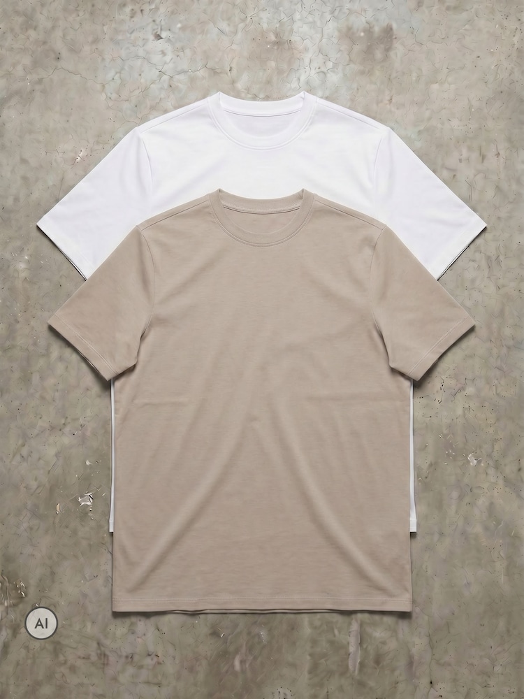 Kem Collection White/Taupe Slim Fit 2 Pack T-Shirt - Image 1 of 2 Kem Collection White/Taupe Slim Fit 2 Pack T-Shirt - Image 1 of 2