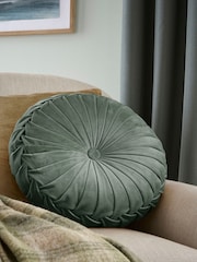 Laura Ashley Velvet Fern Green Round Rosanna Cushion - Image 1 of 5