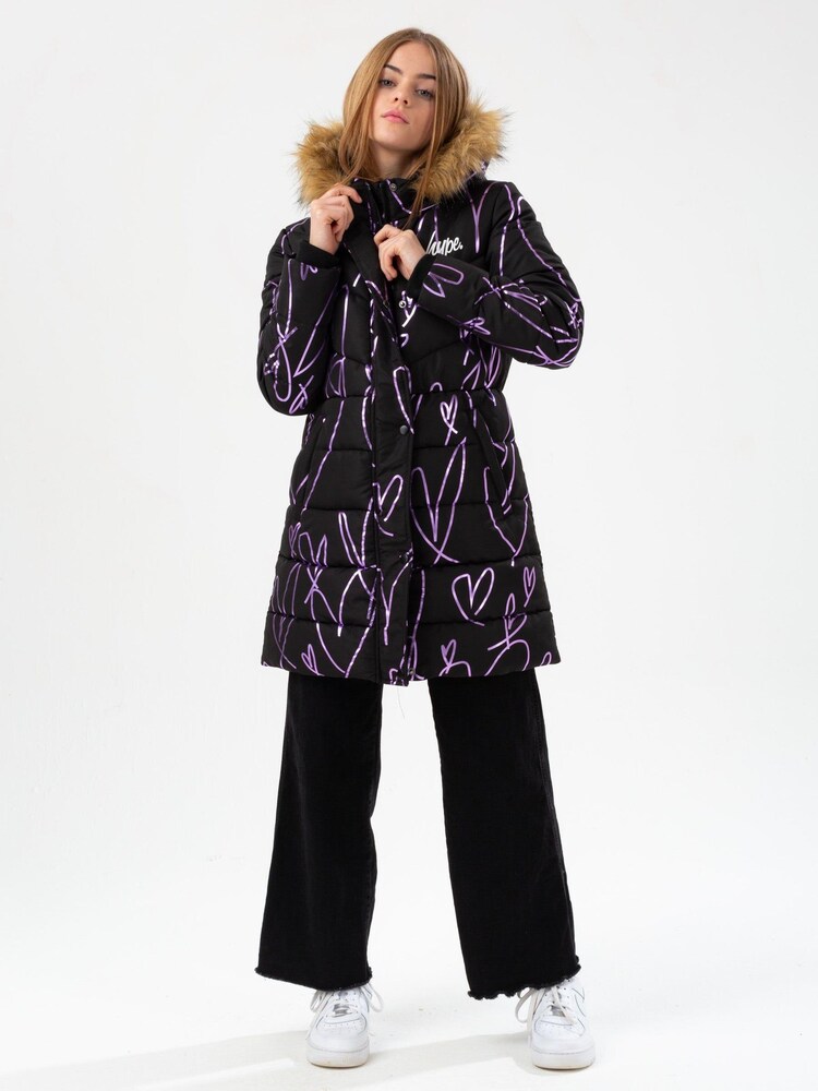 Hype. Girls Black Sketch Heart Holographic Parka Script Coats - Image 2 of 6