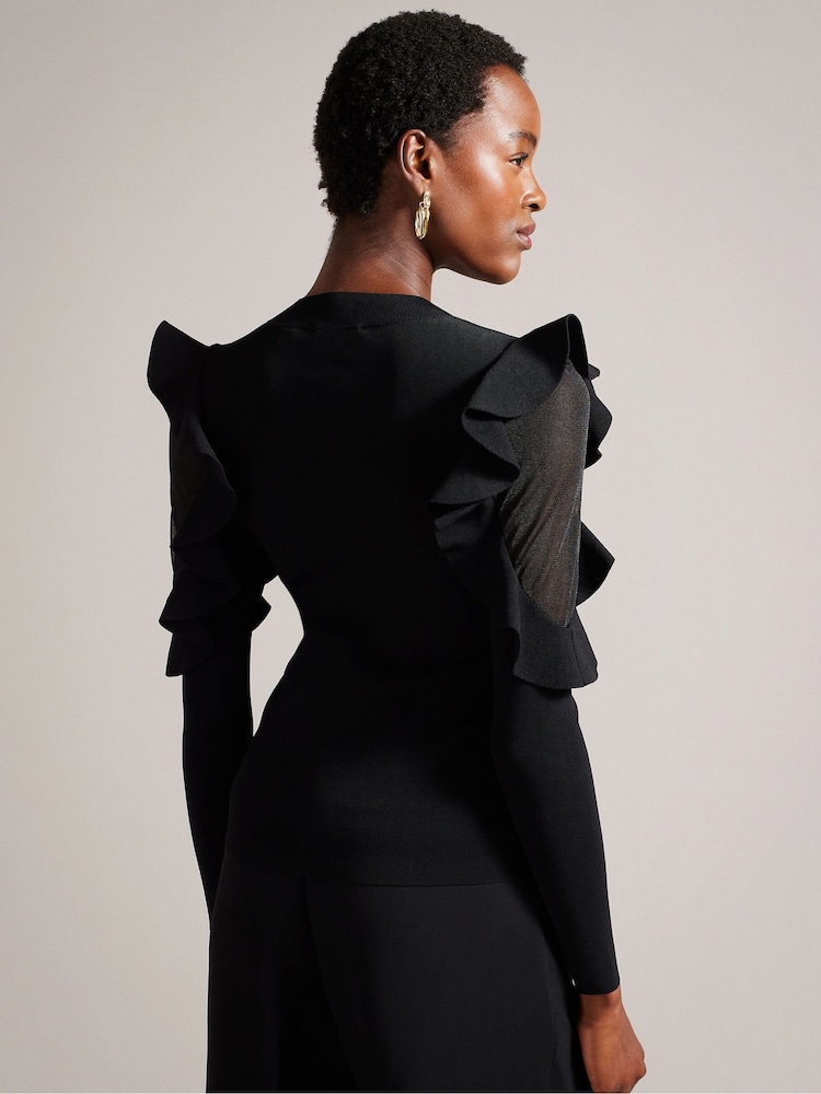 Ted Baker Black Floraas Fitted Knit Top With Sheer Shoulders - Image 2 of 6