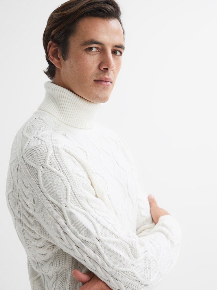 Reiss Ecru Alston Cable Knitted Roll Neck Jumper - Image 1 of 4