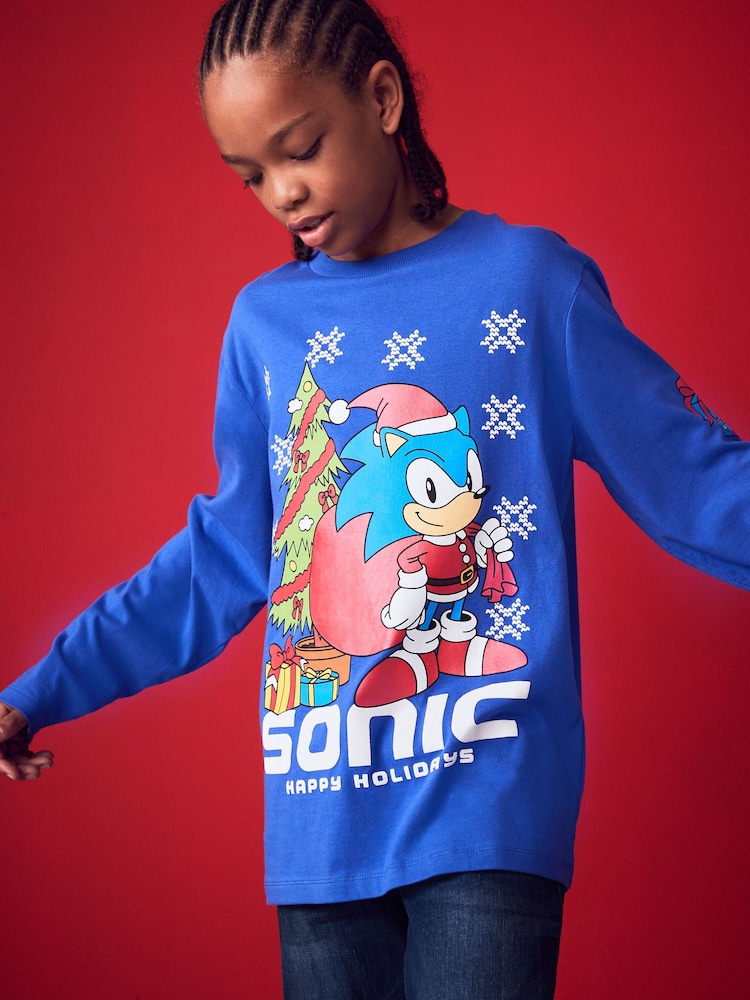 Sonic Cobalt Blue Long Sleeve Christmas T-Shirt (3-16yrs) - Image 1 of 7