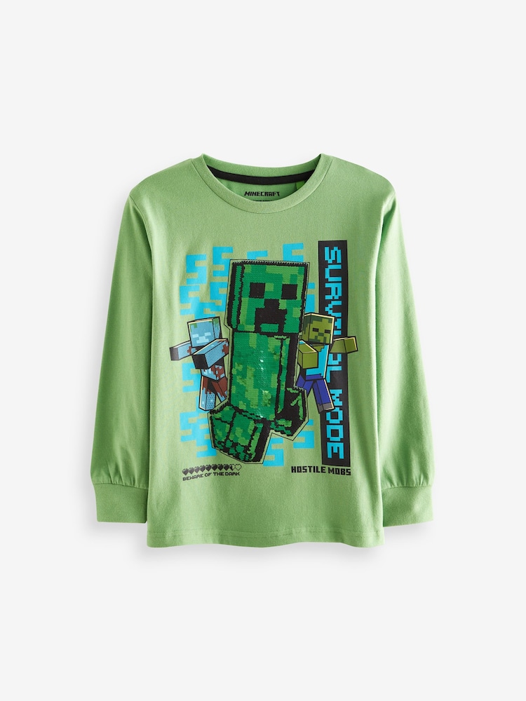 Green Minecraft Creeper Long Sleeve Flippy Sequin T-Shirt (4-16yrs) - Image 1 of 3
