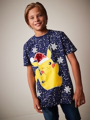 Navy Blue Pikachu Christmas Short Sleeve 100% Cotton T-Shirt (4-16yrs) - Image 1 of 7