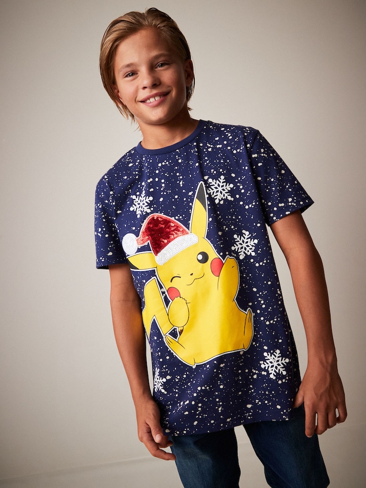 Navy Blue Pikachu Christmas Short Sleeve 100% Cotton T-Shirt (4-16yrs) - Image 1 of 7