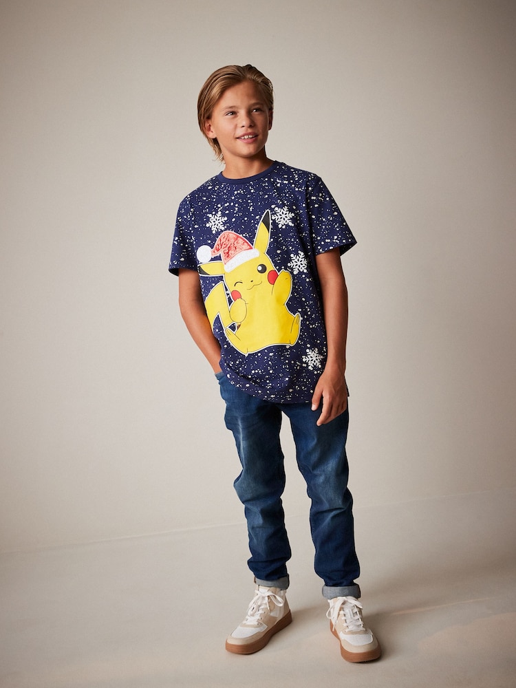 Navy Blue Pikachu Christmas Short Sleeve 100% Cotton T-Shirt (4-16yrs) - Image 2 of 7