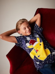 Navy Blue Pikachu Christmas Short Sleeve 100% Cotton T-Shirt (4-16yrs) - Image 4 of 7